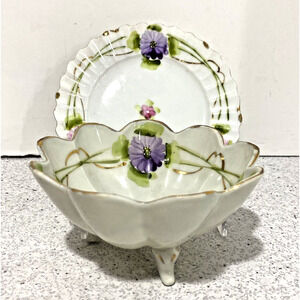 Mayonnaise Bowl & Drip Dish Set Porcelain Hand Painted Pink Purple Flowers Japan